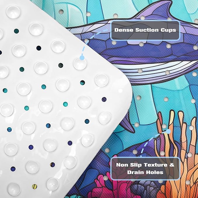 EAN Animals Bathtub Mat Non Slip, Sea Baby Bath Mat for Tub Rubber Tub Mat, Cute Toddler Kids Bath Mats for Bathroom Whale Anti Slip Shower Mat with Suction and Drain Holes Machine Washable, 40″x16″ - Image 4