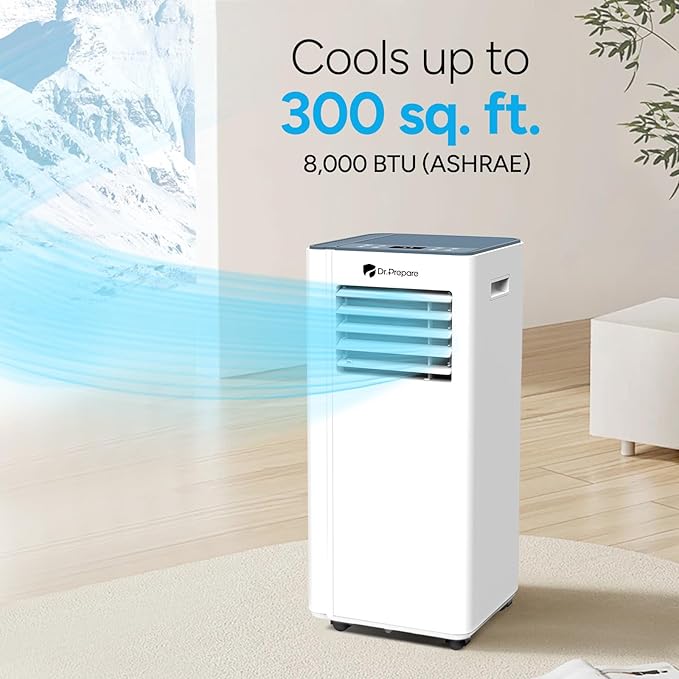 DR.PREPARE 8,000 BTU Portable Air Conditioner, Cooling, Dehumidifier, Fan & Sleep Modes 4-in-1 Portable AC w/Remote Control & 67'' Window Kit, Cools Up To 300 sq. ft, 1-24H Timers - Image 2