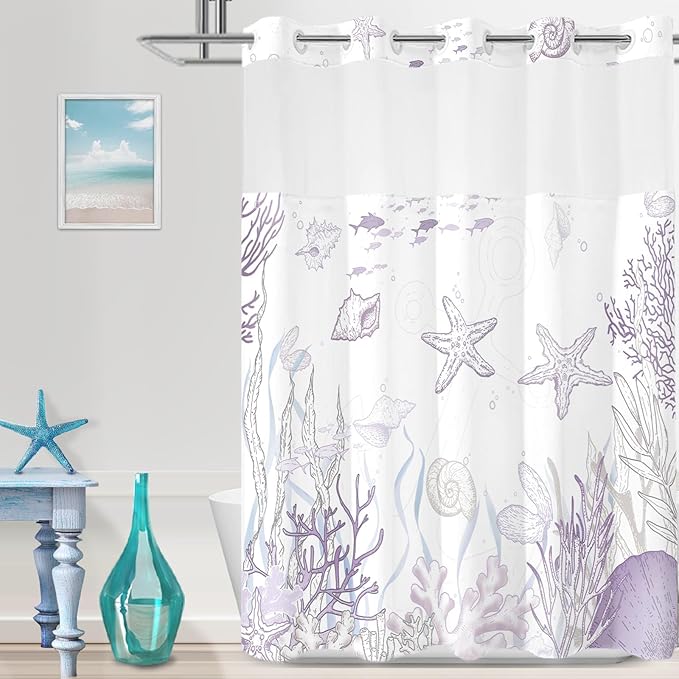 No Hook Shower Curtain with Snap in Liner, Beach Ocean Nautical Coastal Shower Curtains and Liner Set for Bathroom, Seashell Hotel Fabric Bath Curtain, Waterproof Washable, Purple 71" x 74" by TWLSNCD
