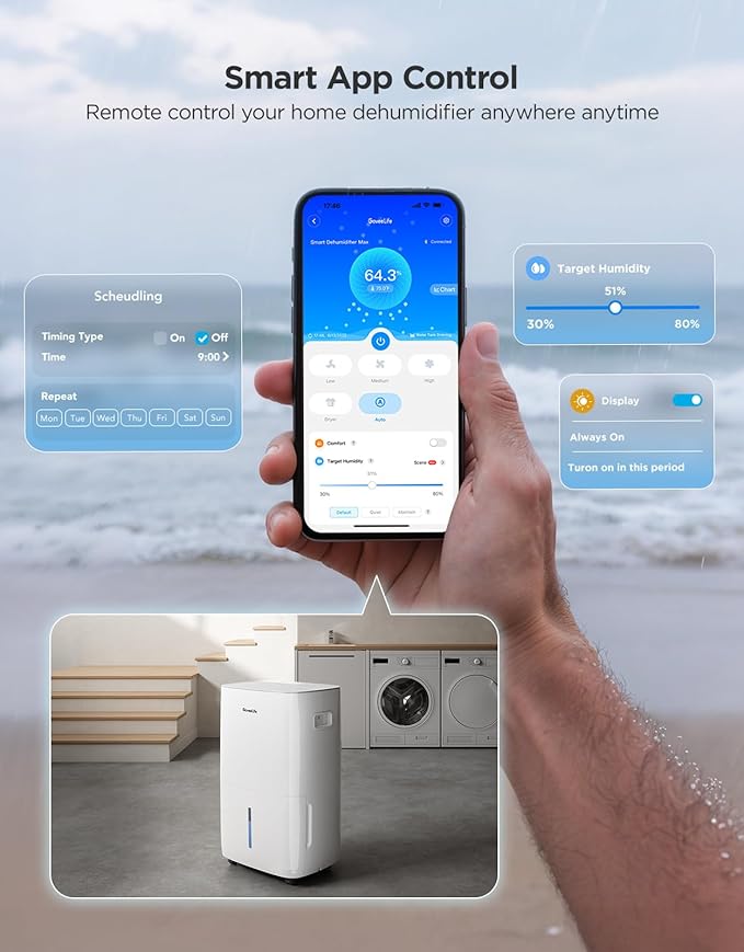GoveeLife Dehumidifier for Home 4,500 Sq.Ft, 50 to 137 Pint Smart Auto Humidity Control, Drain Hose, 2.0Gal Bucket, Compressor Dehumidifiers for Basement with Auto Shut Off, Bathroom, Garage, w/WiFi - Image 8
