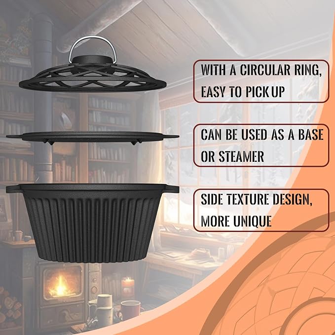 Dual-Layer Wood Stove Steamer/Humidifier + 6.5 Inch Octagon Cast Iron Skillet with Lid – Multi-Functional for Steaming, Frying, Baking & Stove - Image 3