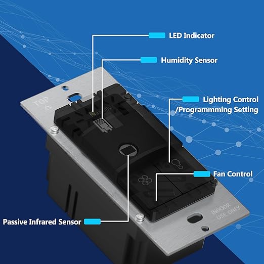 LIDER Humidity Sensor Switch and Motion Sensor Light Switch, PIR Sensor, Humidity Detection, Occupancy/Vacancy, No Neutral Required, ¼ HP, 1-Pole, UL Listed, Black, Wall Plate Included - Image 5