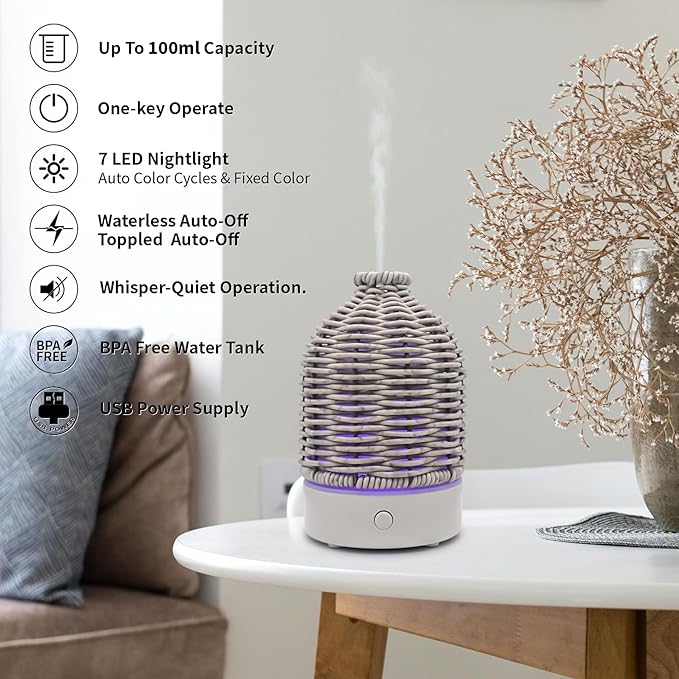 Essential Oil Diffuser - Multifunction Aromatherapy Diffuser 7 LED Color Changing Light 100ML Rattan Diffuser Easy to Clean Suitable for Home,Office (Grey) - Image 2