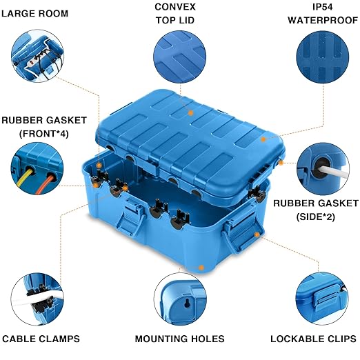 Flemoon Large Outdoor Electrical Box (12.5 x 8.5 x 5 inch), IP54 Waterproof Outdoor Extension Cord Cover Weatherproof, Protect Outlet, Plug, Socket, Timer, Power Strip, Holiday Light Decoration, Blue - Image 3