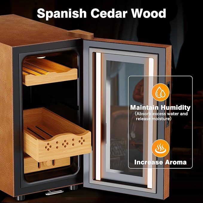 Electric Cooler Cabinet 25L with Temperature and Humidity Control, Leather Finish, Spanish Cedar Wood Shelves and Safety Lock (200 Counts Capacity), Gift for Men - Image 4
