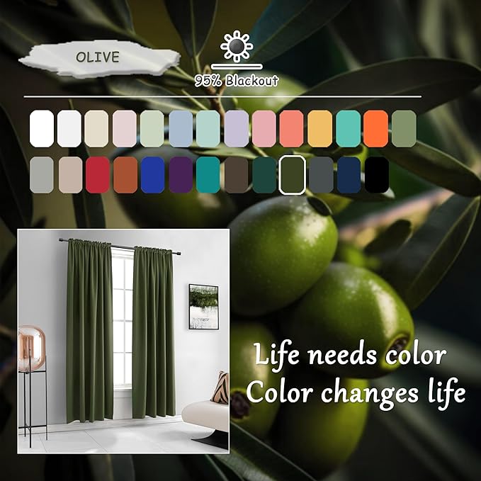DONREN Dark Olive Green Blackout Curtains for Classical Dining Room Kitchen Bathroom Deco - Loden Room Darkening Thermal Insulated Window Curtain Panels for Bedroom,Set of 2 Panels,W 52 x L 63 - Image 4