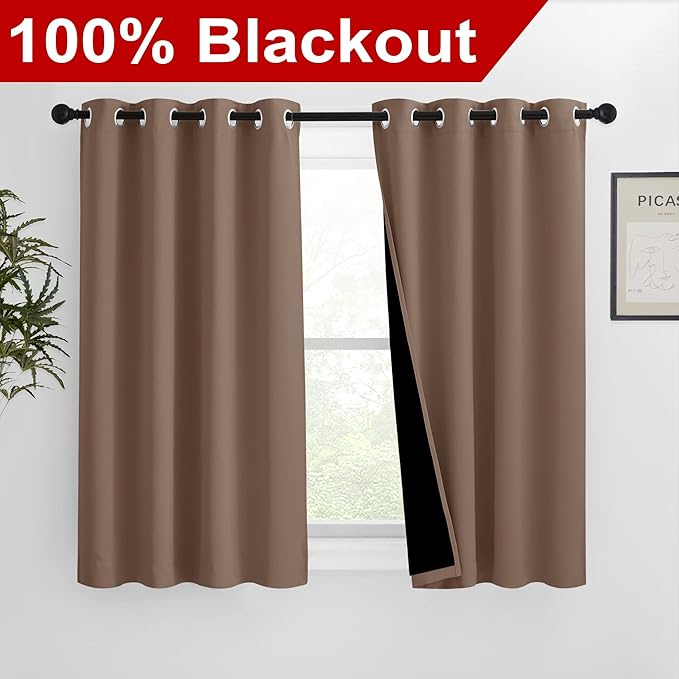 NICETOWN Bedroom Full Blackout Curtain Panels, Super Thick Insulated Window Covers, Keeping Out Cold Air and Heat 100% Blackout Blinds with Black Liner (Cappuccino, Set of 2, 46 by 54-inch) - Image 2