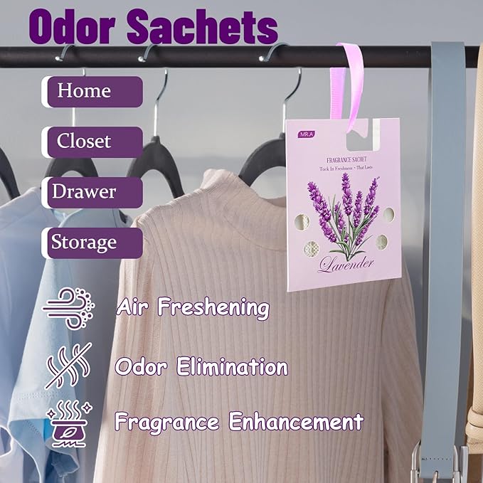 13Packs Lavender Scented Sachets, Fragrance Sachet Bags for Drawers and Closets, Air Fresheners for Car and Home, Closet Deodorizer Scented Drawer Fresheners for Dresser with Hanger Hooks - Image 6