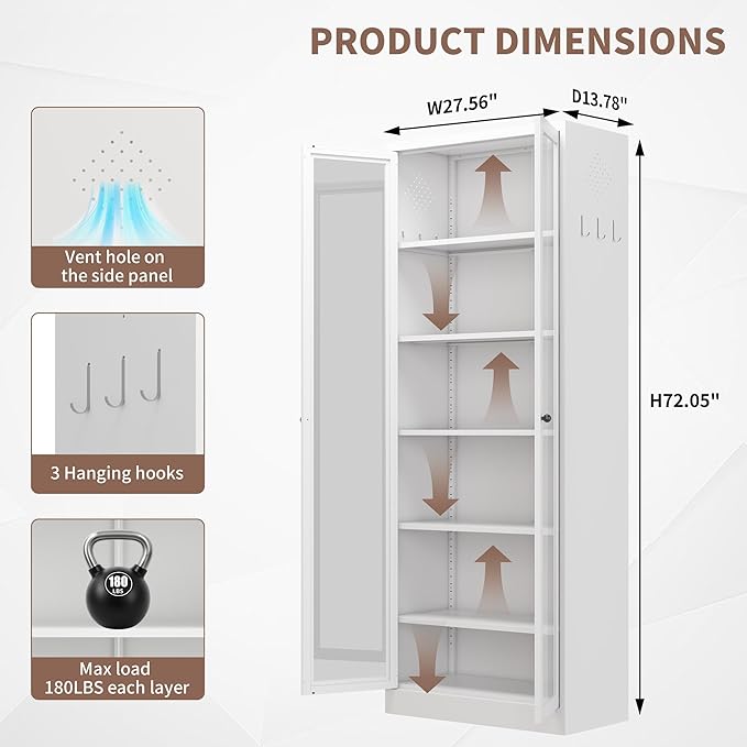 Kitchen Pantry Storage Cabinets with Glass Doors and 5 Adjustable Shelves, 72" Tall Kitchen Cupboard Metal Pantry Cabinet for Home Office Living Dining Room, Assembly Required (White) - Image 2