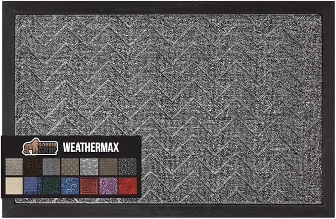 GORILLA GRIP 100% Waterproof All-Season WeatherMax Doormat, 72x24, Durable Natural Rubber, Stain and Fade Resistant, Low Profile, Indoor Outdoor Door Mats, Easy Clean Patio Entrance Mat, Steel Chevron by GorillaGrip