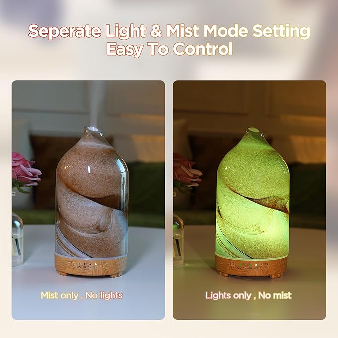 Essential Oil Diffuser Hand Blown Glass Aromatherapy Diffuser - Ultrasonic Cool Mist Scent Aroma Diffuser, Whisper Quiet with Auto Shut-Off, Timer Setting &7 Colors Night Light for Home - Image 5