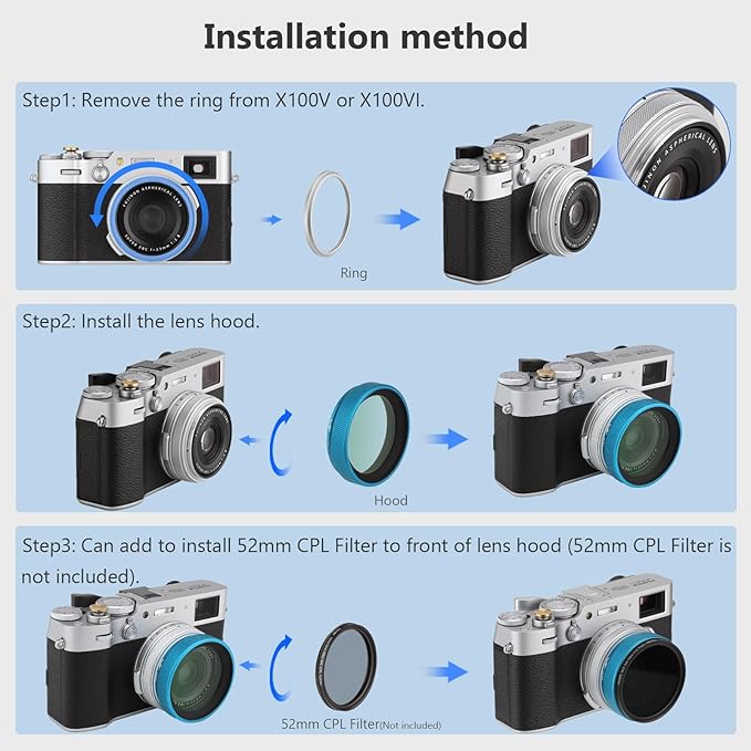 Haoge LUV-X54G Metal Lens Hood with MC UV Protection Multicoated Ultraviolet Lens Filter for Fujifilm x100vi Fuji X100V Camera Blue - Image 7