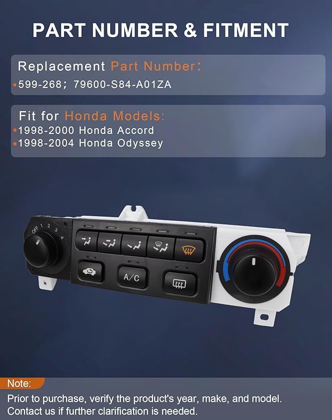 Flecto 599-268 A/C Heater Climate Control Module - HVAC Switch Panel, Compatible with 1998-2000 Honda Accord, 1998-2004 Honda Odyssey Replace# 79600-S84-A01ZA, Restores HVAC Blower & Temp Control - Image 2