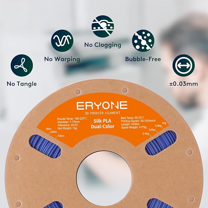 ERYONE Silk Dual Color PLA Filament 3D Printer 1.75mm +/- 0.03mm, Bicolor Filament Two Tone PLA 1KG(2.2lbs) Cardboard Spool, Midnight Blue & Silver - Image 4