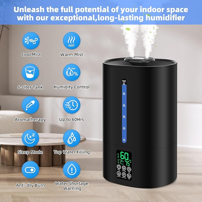 6L Humidifiers for Bedroom Large Room Home,Cool and Warm Humidifier for Baby and Plants Hot Mist Top Fill Desk Humidifiers Oil Diffuser,Quiet,Adjustable Mist,360°Nozzle-Black(2026 Upgraded) - Image 4
