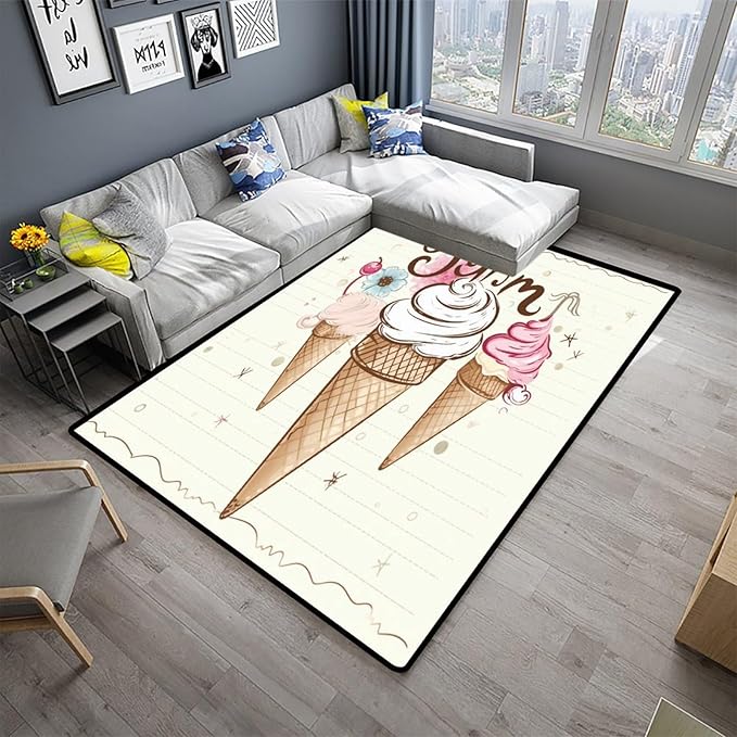 Floor Covering, Three Ice Creams Pattern Printing Foldable Area Rugs Fade Resistant, Flame Resistant, Quick Dry, Stain Resistant, Waterproof Floor Carpet for Living Room Bedroom, 24 x 36 Inch - Image 2