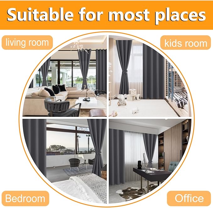 Hiasan Grommet Blackout Curtains for Bedroom, 52 x 36 Inches Long - Thermal Insulated & Light Blocking Window Curtains for Living Room, 2 Drape Panels Sewn with Tiebacks, Dark Grey - Image 6