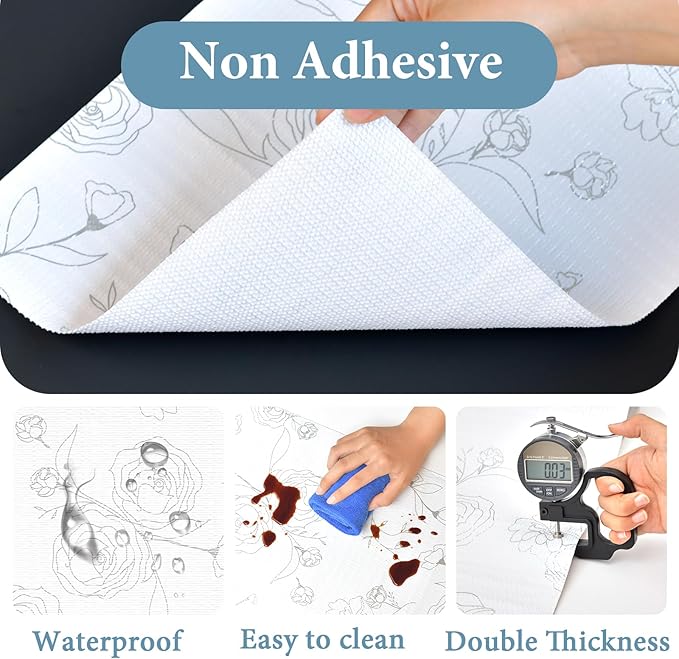 Shelf Liners for Kitchen Cabinets 12in x 30FT Non Adhesive Drawer Liner Sliver Floral Thickened Shelf Liner Paper Strong Non-Slip Easy to Clean for Tool Box Refrigerator with Knife and Tape Measure - Image 5