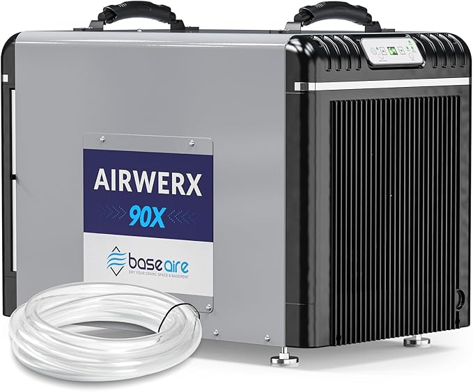 BaseAire 198 Pints Dehumidifier with Pump for Crawl Space, Basement, Portable AirWerx90X Commercial Dehumidifier for Whole Home, Intelligent Humidity Control, Auto Shut off Restart by BASEAIREDRYYOURCRAWLSPACEBASEMENT