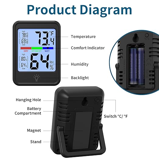Digital Thermometer Hygrometer, Indoor Wall Thermometer, Indoor Humidity Temperature Monitor with Max&Min Records Backlit for 10S for Greenhouse, Home and Office Measuring Devices - Image 5
