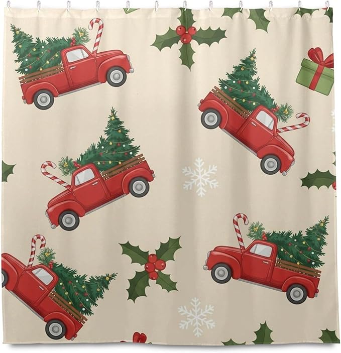 Car Christmas Tree Beige Shower Curtain Liner 72×72 inch for Bathroom Curtain Anti Mold Shower Curtain with Hooks Bathroom Accessories - Image 2