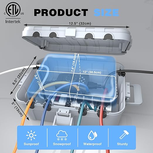 Flemoon Outdoor Electrical Box Waterproof, IP54 Waterproof Extension Cord Cover, Protect Outlet, Plug, Socket, Timer, Power Strip, Holiday Light, Large Weatherproof Connection Box, Light Grey - Image 3