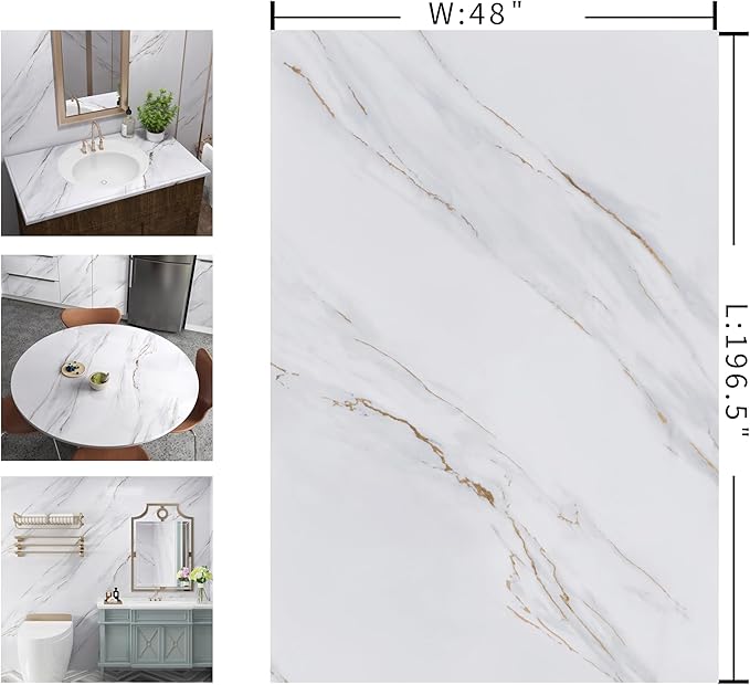 48"x196.8" Extra Wide White Marble Contact Paper Stick and Peel Wallpaper PVC Marble Sheet Removable Waterproof Marble Vinyl Wrap for Countertops Walls Elegant Wallpaper Apartment Friendly - Image 7