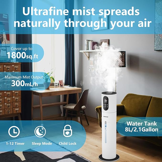 Humidifier,SAYDSI 2.1Gal(8L) Smart Humidifiers for Bedroom,1800sq.ft Cool Mist Humidifier with Smart App,Timer,Quiet Sleep Mode and Water Tank for Home,Office,Large Room,Plants(White) - Image 3