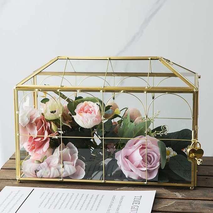 Glass Wedding Card Box with Slot, 12.6 inch Large Clear Card Box Gold Brass Gift Card Storage Box with Lock for Wedding Receptions, Baby Shower, Birthday Party, Bridal Shower - Image 2