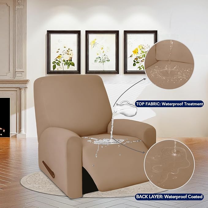 PureFit 100% Dual Waterproof Recliner Cover, Waterproof Couch Cover for Recliner - Stretch Non Slip Fleece Sofa Covers Washable, Leakproof Furniture Protector for Kids, Pets, Dog (Recliner, Camel) - Image 3