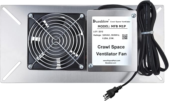 Durablow M1P 110 CFM Air-Out Stainless Steel Crawl Space Vent Fan, Foundation Vent, Radon Mitigation, for Crawl Space Exhaust Fan, Basement Ventilation Fan, Attic, Garage (Stainless steel, M1P) by Durablow