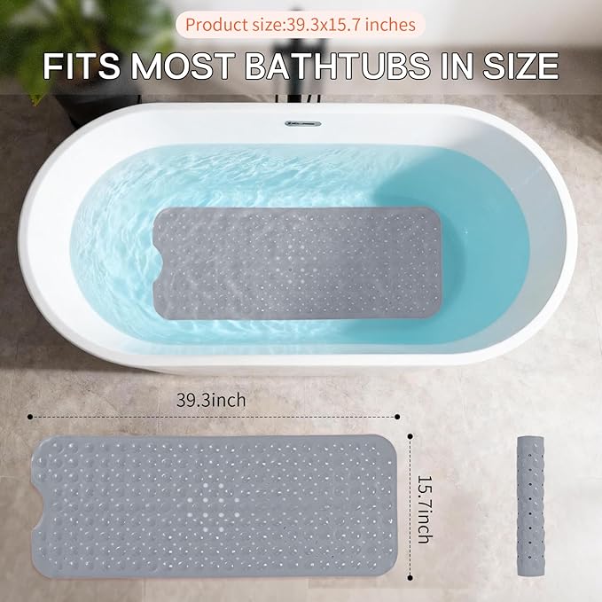 Anti-Slip Bathtub Shower mat, 39.3×15.7 inch（Approximately 100 × 40cm） Soft Oversized Machine Washable Non-Slip Bathtub mat with Drainage Holes, Bathroom Floor Suction Cup.（1-Opaque Gray） - Image 4