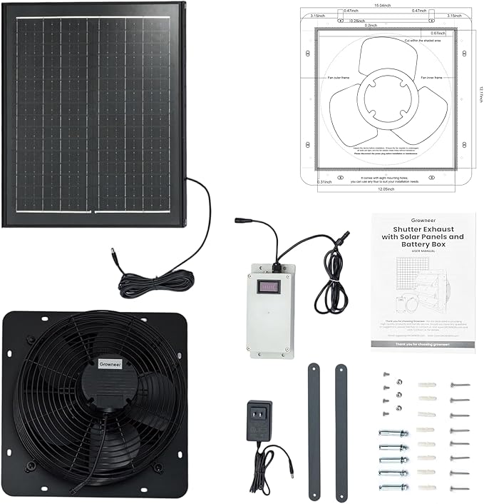 GROWNEER Solar Powered Exhaust Fan, 30W Solar Panel+12" High Speed Solar Powered Fans with Power Adapter, Waterproof Solar Fan with Bracket for Shed, Chicken Coop, Greenhouse, Attic - Image 8