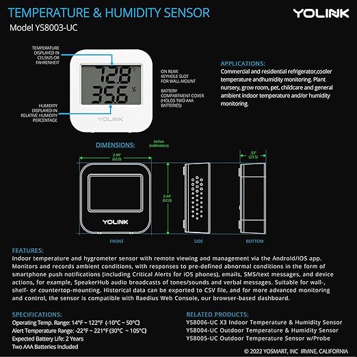 YoLink Smart Wireless Temperature & Humidity Sensor, 3-Pack, Wide Temp Range for Fridge, Green House, Pet Cage, App Alerts, Emails, Text/SMS alerts- Hub Required - Image 9