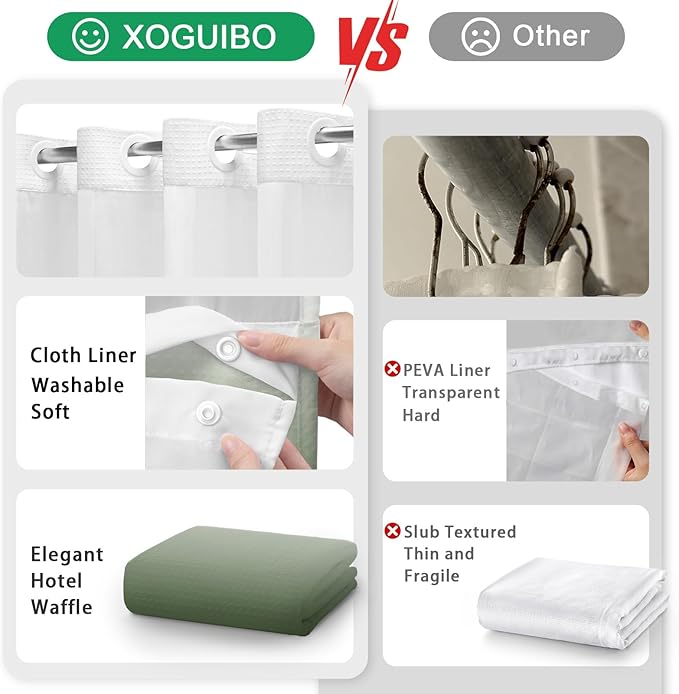 No Hook Shower Curtain and Liner Set,Ombre Green Hotel Waffle Shower Curtain with Liner 75" L x 72" W - Image 4