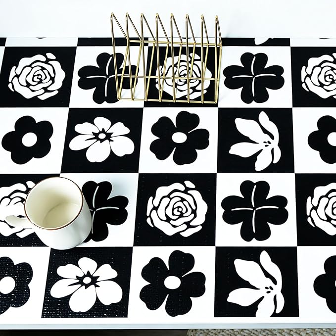 Shelf Liners Non Adhesive Black & White Checkerboard Floral - Thickened Non-Slip Easy to Clean Drawer Liner for Kitchen Cabinets, Tool Box, Refrigerator, with Knife & Tape Measure,17.3in x 236.2in - Image 8
