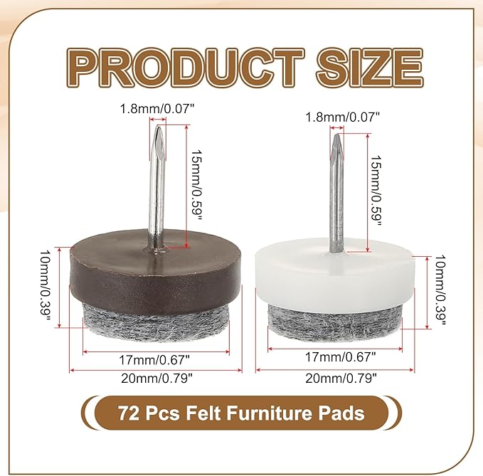 PATIKIL 20 mm Nail-on Felt Pads, 72 Pcs Round Felt Furniture Sliders Pads Heavy Duty Floor Protectors for Wooden Chair Sofa Cabinet Table Leg Feet Hardwood Floors, Black/Brown/White - Image 2