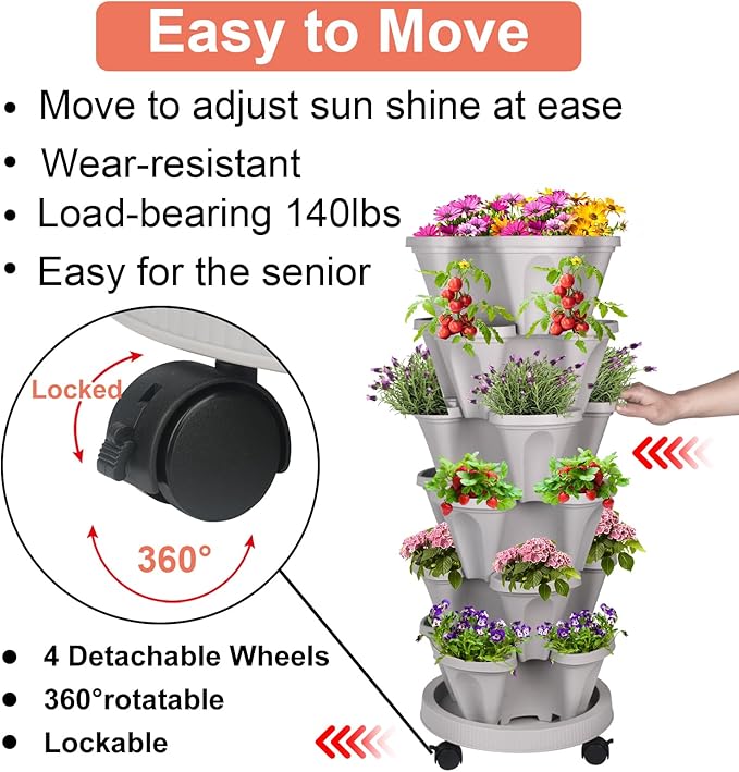 GameXcel Vertical Planter 6 Tier Stackable Planters Garden Planters Strawberry Herb Flower and Vegetable Planter Indoor Outdoor Gardening Pots with Removable Wheels and Tools - Image 5