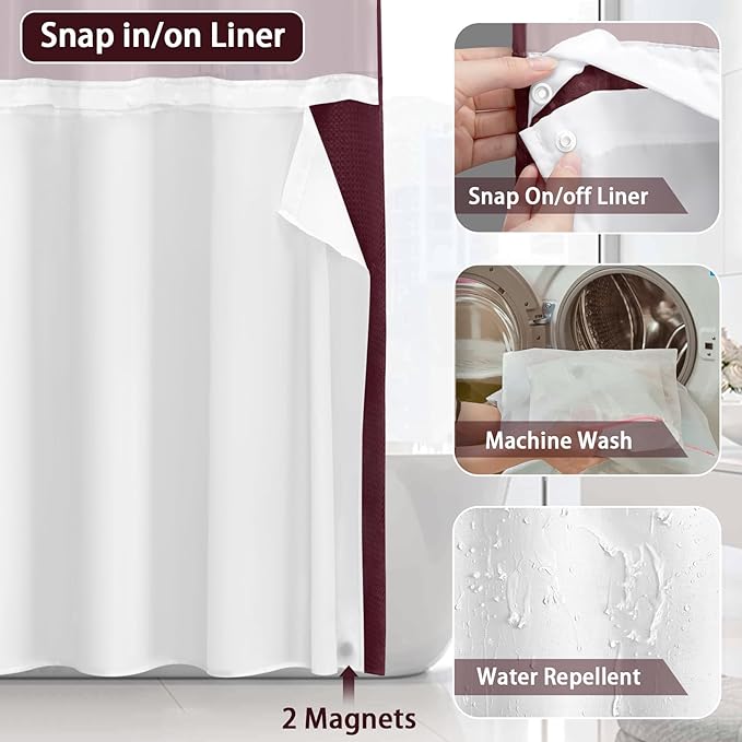 No Hook Shower Curtain and Liner Set,Burgundy Hotel Waffle Shower Curtain with Liner 75" L x 72" W - Image 4