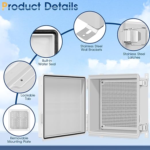 Waterproof Outdoor Project ABS Plastic Junction Box IP67 Weatherproof Dustproof Enclosure with Hinged Cover, Mounting Plate,Wall Brackets for Power Project (11.8"x11.8"x7.1") - Image 3