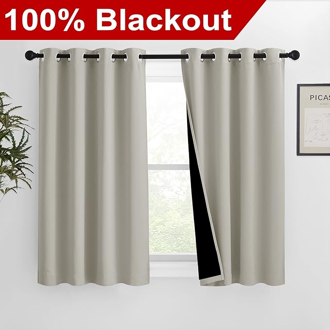 NICETOWN 100% Blackout Curtains 54 inches Long, Double-Deck Completely Blackout Window Treatment Thermal Insulated Lined Drapes for Small Window (Natural, 1 Pair, 46 inches Width Each Panel) - Image 2