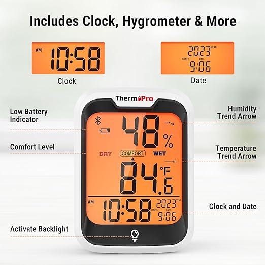 ThermoPro TP358 Bluetooth Thermometer for Room Temperature with Built-in Clock, Smart Temperature Sensor and Humidity Meter with Backlit, 260Ft Hygrometer Indoor Thermometer with Data Storage Export - Image 5