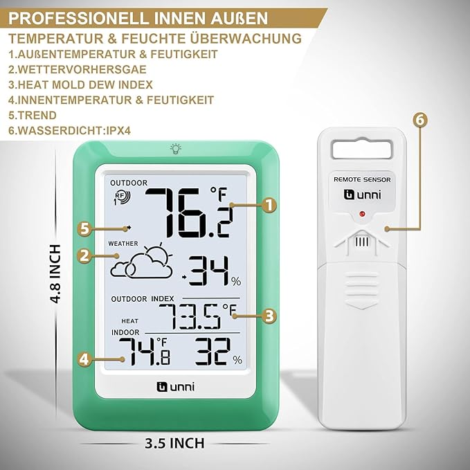 Indoor Outdoor Thermometer Wireless, Temperature Humidity Monitor Battery Powered Inside Outside Thermometers with 330ft Range Remote Sensor(Green) - Image 5
