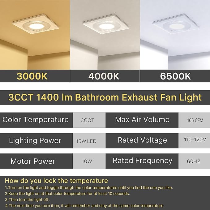 Bathroom Exhaust Fan with Light 165CFM Shower Bathroom Vent Fan with 11.8IN 15w Led Light Combo Quiet 42dB Bath Ceiling Exhaust Fan with Adjustable Led Light 3000k/4000k/6500k For Home Bath - Image 4