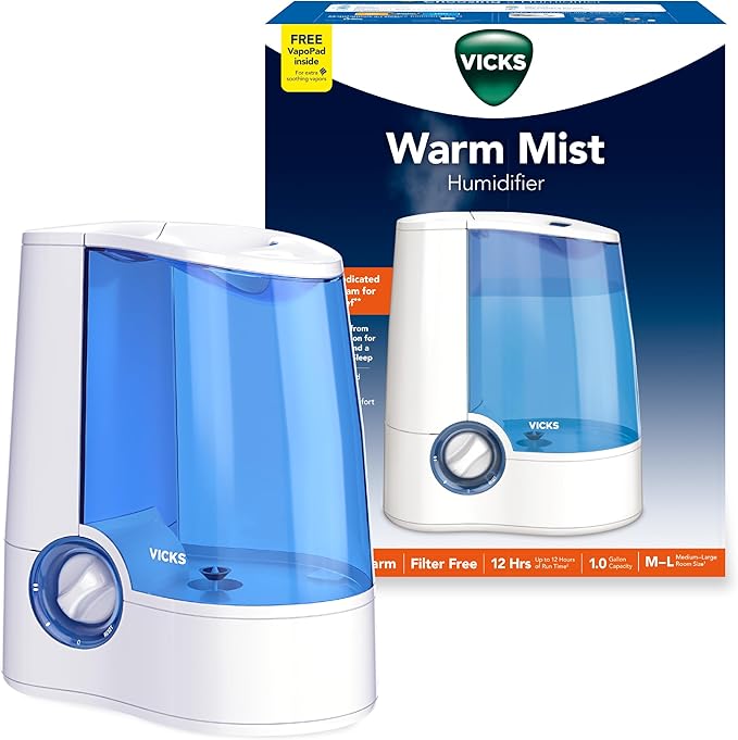 Vicks Warm Mist Humidifier Filter‑Free 1 Gal Tank, Auto Shut‑Off, Night Light, VapoPad and VapoSteam Compatible by VicksDevices