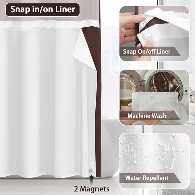 No Hook Shower Curtain and Liner Set,Brown Hotel Waffle Shower Curtain with Liner 75" L x 72" W - Image 4