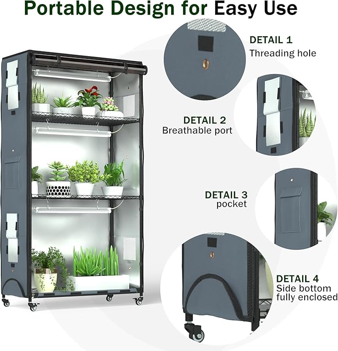 Indoor Orchid Greenhouse with Grow Lights, 4-Tier Plant Stand with 3 Full Spectrum T8 Grow Lights, Timer, Thermometer, Ventilation & Wheels, Smoked PVC Cover for Orchid Care and Indoor Gardening - Image 4