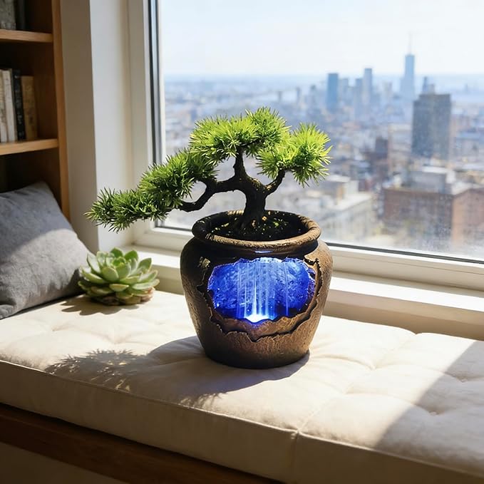 12Inch Fake Bonsai Tree Small Waterfall Fountain Indoor Tabletop Decoration with LED Lights and Water Flow, Resin Desktop Water Fountains Indoor Home Decor or Festival Birthday Surprise - Image 8