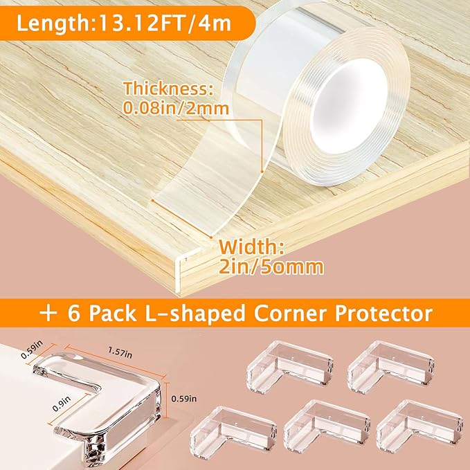 Clear Soft Corner Protectors for Furniture Strip,2 in x 13.12 FT Edge Bumper with 6 Corner Guards,Window Edge,Wall Protector,Table Corner Protectors and Fireplace in Family - Image 2
