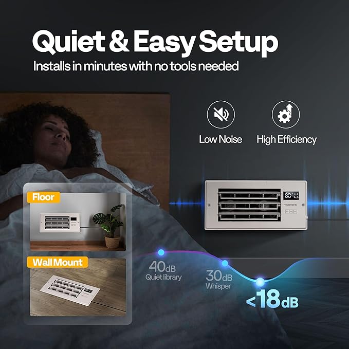 VIVOHOME 4'' x 10'' Opening Register Booster Fan with Adjustable Wind Direction Louver, Smart Intelligent Thermostat & 10-Speed Remote Control - 11.4" x 5.5" Vent Cover for Room, Floor, Wall - White - Image 8